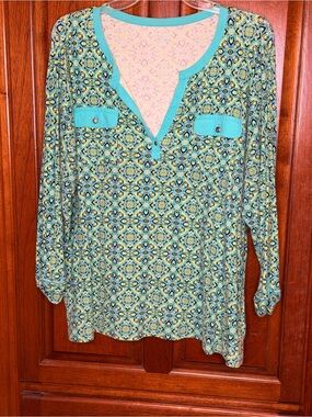 Kim Rogers Teal Patterned Henley Tunic with Aqua Trim
